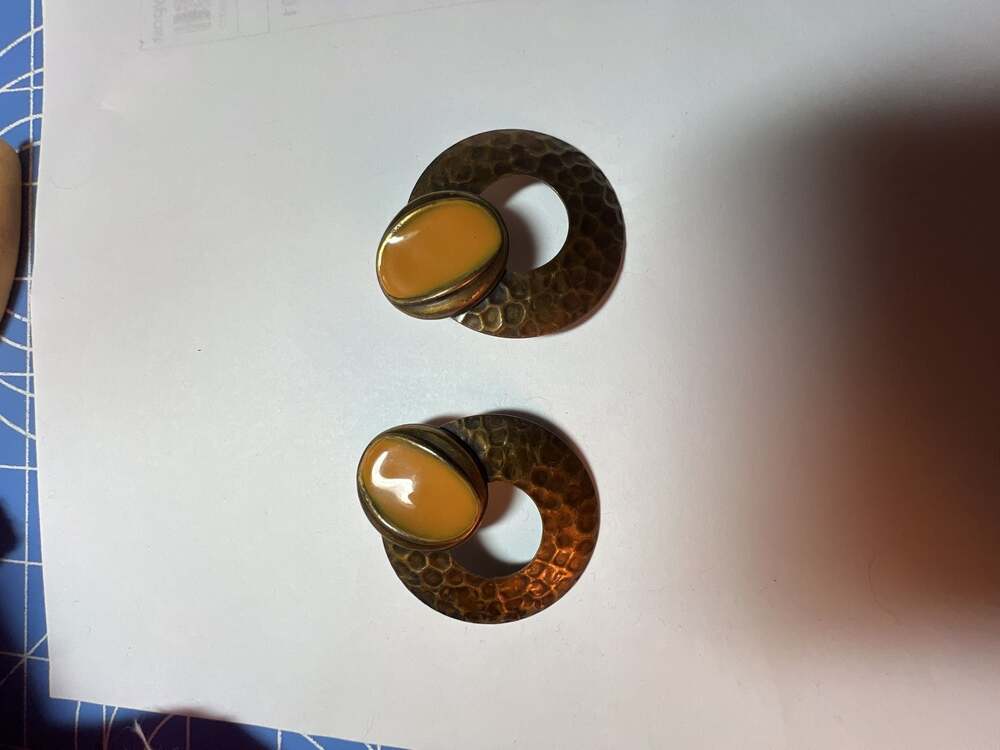 Vintage Hammered Brass and Enamel Statement Stud Earrings